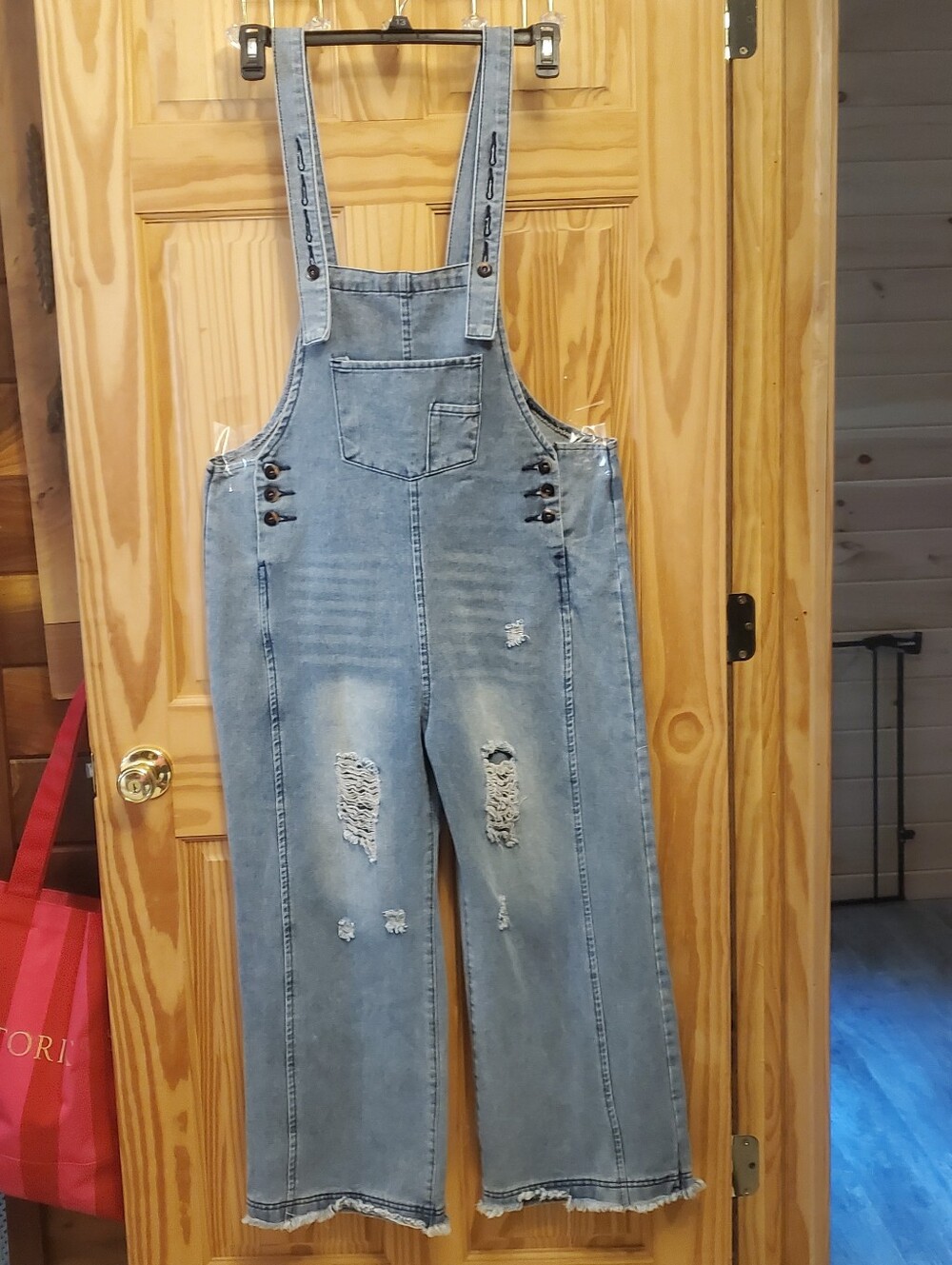 Denim Jean Cropped Overalls Frayed Wide leg Large